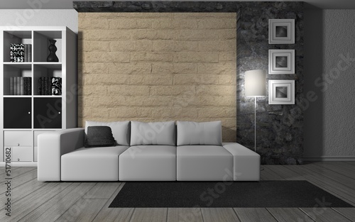 Illustration: Wohndesign - Sofa weiß neben Naturstein Mauer Wohndesign - Sofa weiß neben Naturstein Mauer