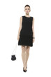 fashion girls in black dresses holding bag walking in studio