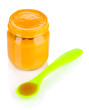 Baby food with weaning spoon isolated on white