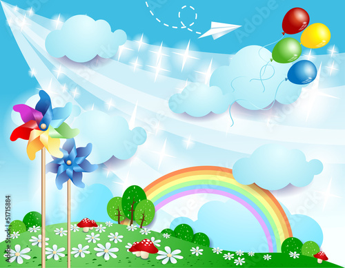 Vector: Spring landscape with pinwheels Spring landscape with pinwheels