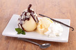 pear with chocolate sauce and ice cream