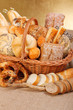 Various baked products in wicker basket