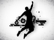 Illustration of a basketball player practicing with ball at cour
