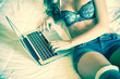 Photo: Young Nude Woman on Bed with Computer Young Nude Woman on Bed with Computer