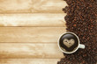 Kaffeetasse auf Holz mit Herz