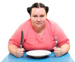Hungry obese woman with empty plate. Diet theme.