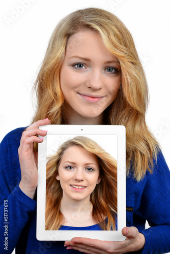 Photo: girls with tablet isolated on white background girls with tablet isolated on white background