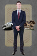 Portrait of a man in a suit with the cottage and car on the back