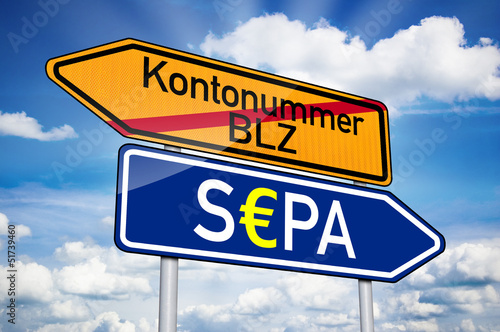 Illustration: Wegweiser in Blau mit S€PA und Kontonummer BLZ Wegweiser in Blau mit S€PA und Kontonummer BLZ
