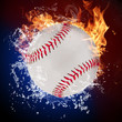 Baseball ball in fire flames and splashing water