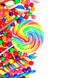 Colorful candy corner border with lollipops and gumballs