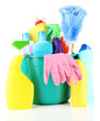 Cleaning items in bucket isolated on white