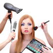 Beautiful young woman and hands with eyes shadows, brush and