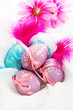 Photo: Beautiful easter eggs and decorative feathers, close up Beautiful easter eggs and decorative feathers, close up