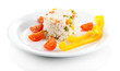Delicious risotto with vegetables, isolated on white