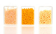 Colorful beads heap in boxes isolated on white