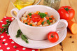 Delicious rice with vegetables and herbs in pot