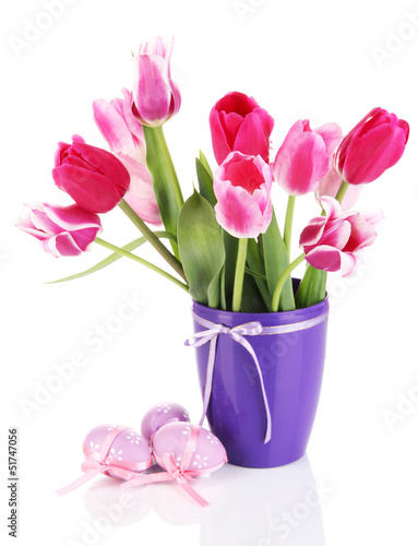Photo: Easter composition with fresh tulips and easter eggs isolated Easter composition with fresh tulips and easter eggs isolated