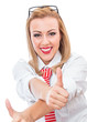 Young happy formal woman gesturing thumb up