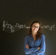Learn music business woman or teacher with chalk background