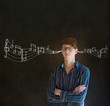 Learn music business man or teacher with chalk background