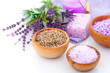 dry Lavender herbs and bath salt isolated on white background