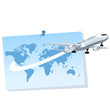 Avión saliendo de un mapa del mundo