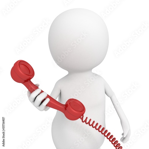 Illustration: white 3d man with red contact phone handset white 3d man with red contact phone handset
