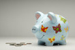 Colourful piggy bank with money isolated