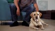 Hispanic man at home regarding dog on floor