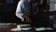 Businessman in the evening conversing on telephone and taking notes