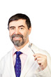 Photo: Portrait of happy middle-aged dentist on a white background Portrait of happy middle-aged dentist on a white background