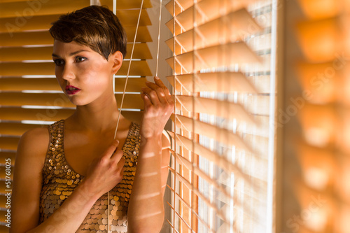 Photo: Woman and venetian blind Woman and venetian blind
