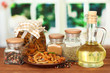 Composition of delicious marinated mushrooms, oil and spices