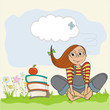 studious girl sitting barefoot in the grass