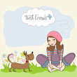 Vector: romantic girl sitting barefoot in the grass with her cute dog romantic girl sitting barefoot in the grass with her cute dog