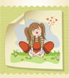 romantic girl sitting barefoot in the grass