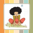 romantic girl sitting barefoot in the grass