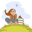 studious girl sitting barefoot in the grass