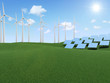 Wind Turbines and Solar Panels Farm on beautiful landscape