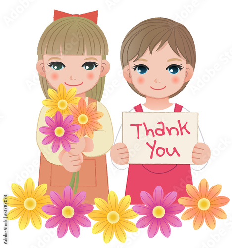 Vector: 女の子 メッセージ ありがとう Little girls holding thank you sign and flowers 女の子 メッセージ ありがとう Little girls holding thank you sign and flowers