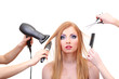 Beautiful woman and hands with brushes, scissors and hairdryer