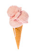 strawberry ice cream in a cone on white background