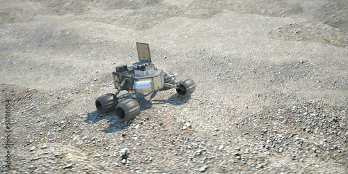 Illustration: scientific robot moving on alien desert soil 3d illustration scientific robot moving on alien desert soil 3d illustration