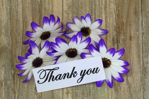 Photo: Thank you note and Senecio flowers on wooden background Thank you note and Senecio flowers on wooden background
