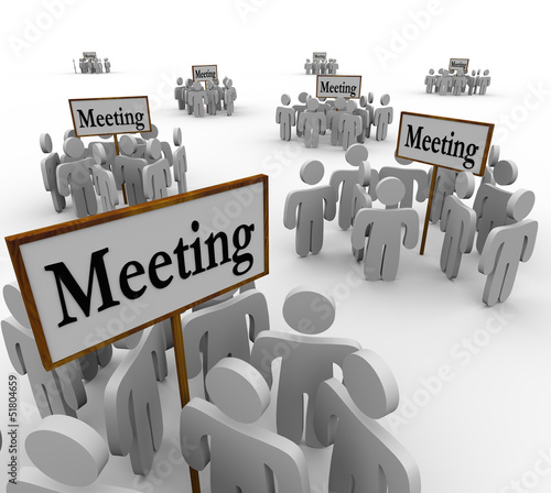 Illustration: Many Meeting People Groups Gathering Around Different Signs Many Meeting People Groups Gathering Around Different Signs