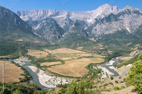 landscape of the Vjosa river and mountains in the Permet district, Albania