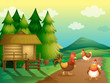 A farm with chickens and a native house