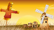 A farm with a scarecrow and a windmill