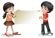 A girl and a boy holding an empty signage